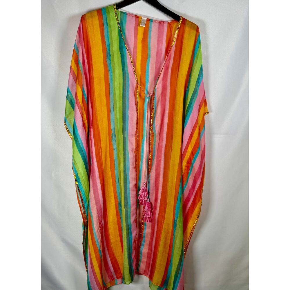 Rainbow Stripe Kaftan kimono Hippie Boho Caftan Tassel Gold Trim Resort coverup
